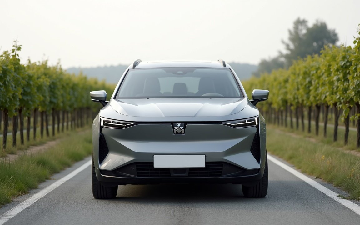 SUV familial gris sur une route de campagne